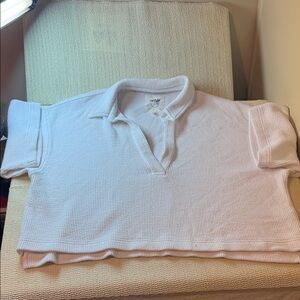 Aerie Open Collared White Ribbed Crop T-Shirt XL